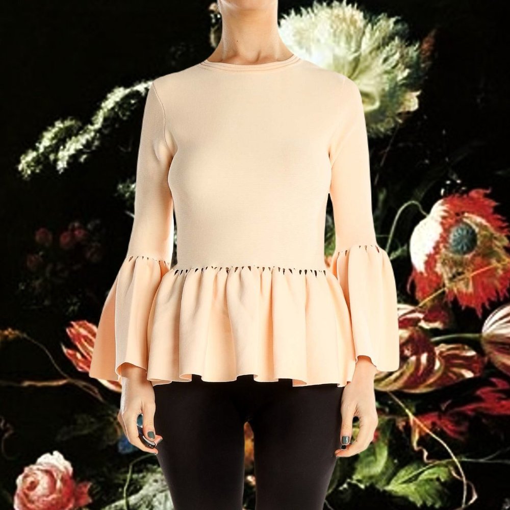 Jonathan Simkhai Stretch Knit Bell Sleeve Peplum Top Blush Cut Out Jewel Neck - Picture 1 of 13